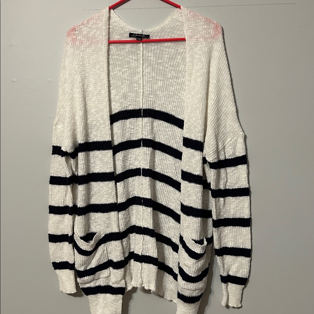 Charlie B white  and Navy Striped open Cardigan with pockets. Med. 💯 cotton.